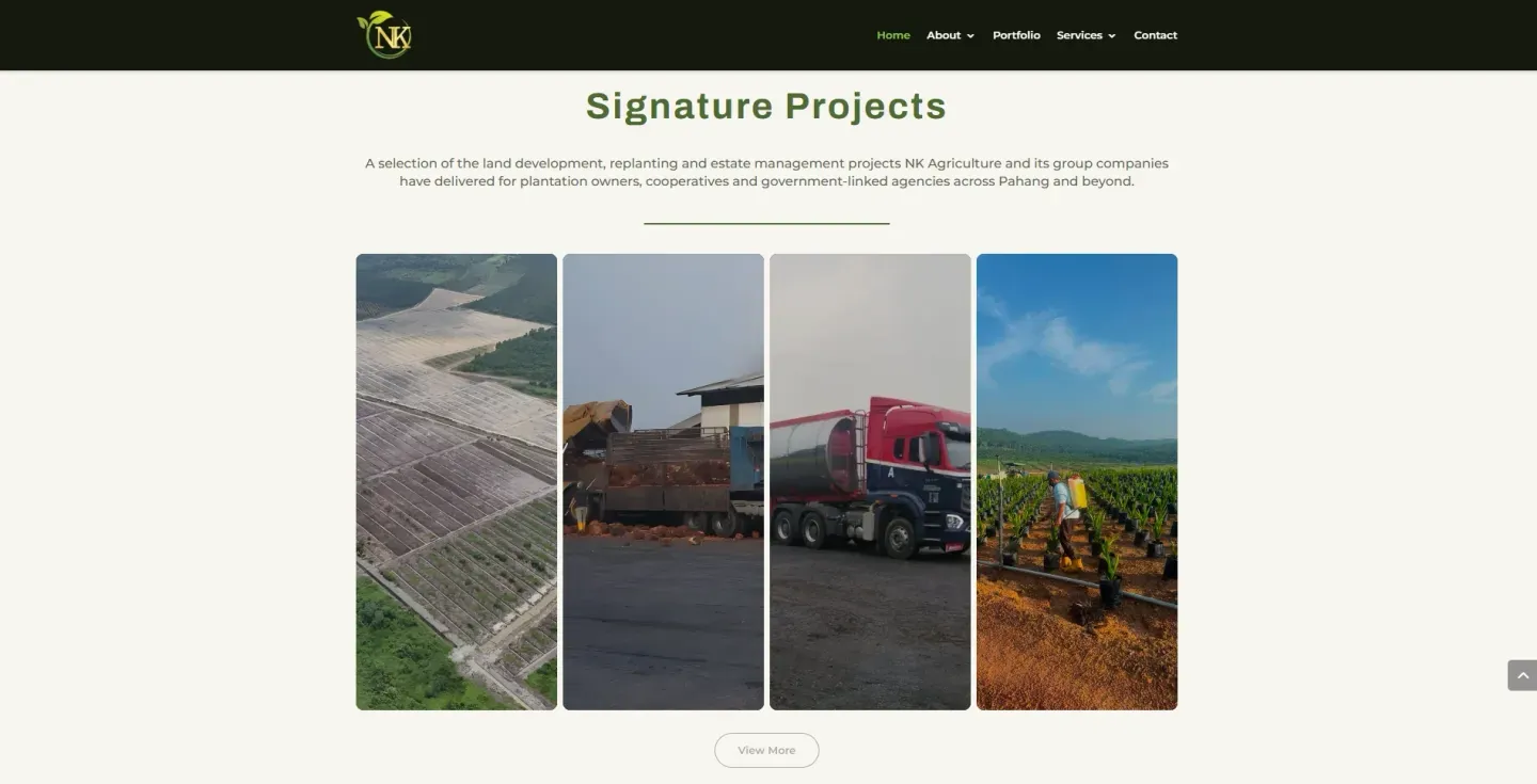 NK Agriculture "Signature Projects" section with four photos: cleared land from above, a harvest lorry, a tanker and replanted seedlings